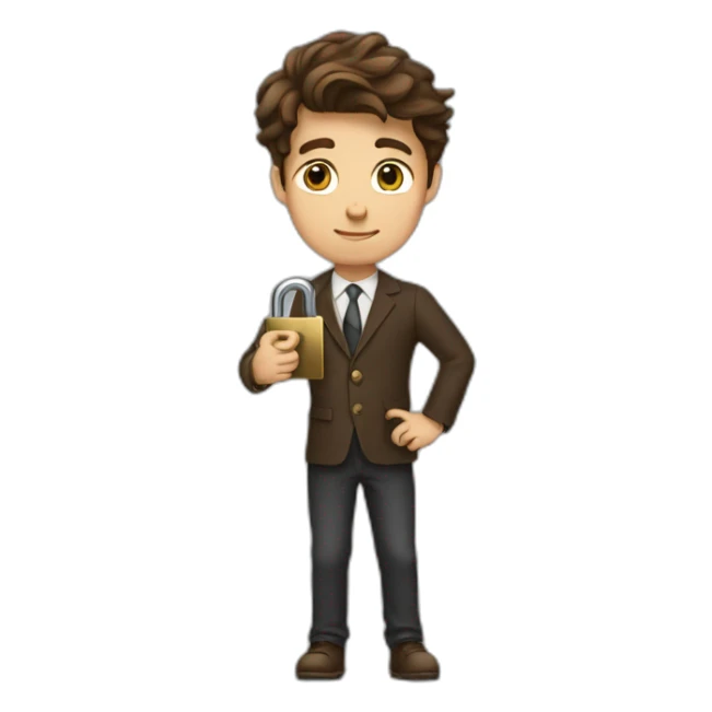 Classy young man brown-haired, struggling to fit a key into a lock. sticker