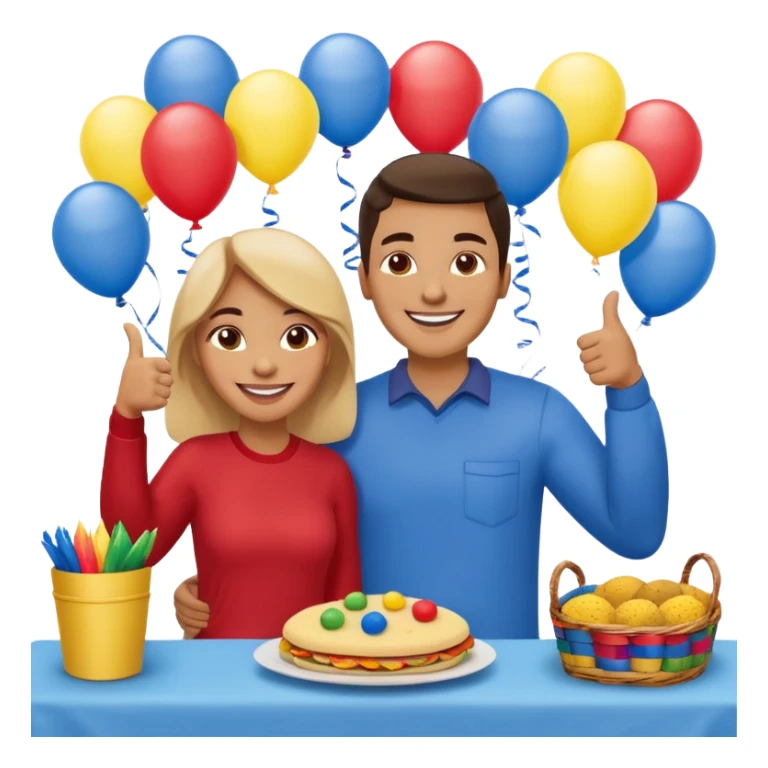 party table decorated with red blue and yellow colors, including a backdrops, balloons arch, streamers and more. On the table are intricate displays of colombian arepas, and baskets of money. In the forefront is a woman and man in simple clothing, big smiles and big thumbs up sticker