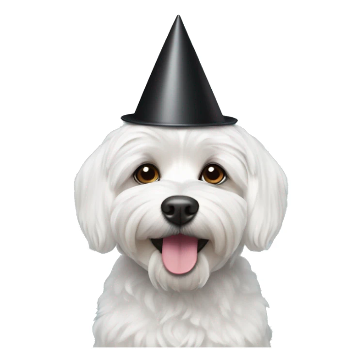 A Maltese black dog wearing a party hat sticker