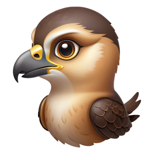 Cinematic Cute Falcon Portrait Emoji, Head tilted playfully and inquisitively, featuring a sleek, agile form with a delicately curved beak and round, sparkling eyes full of spirited charm, Simplified yet irresistibly adorable features, highly detailed, glowing with a warm, inviting glow, high shine, affectionate and lively, stylized with a touch of whimsical aerial grace, soft glowing outline, capturing the essence of a mischievous yet endearing falcon that seems as if it could dart out of the screen into your heart! sticker