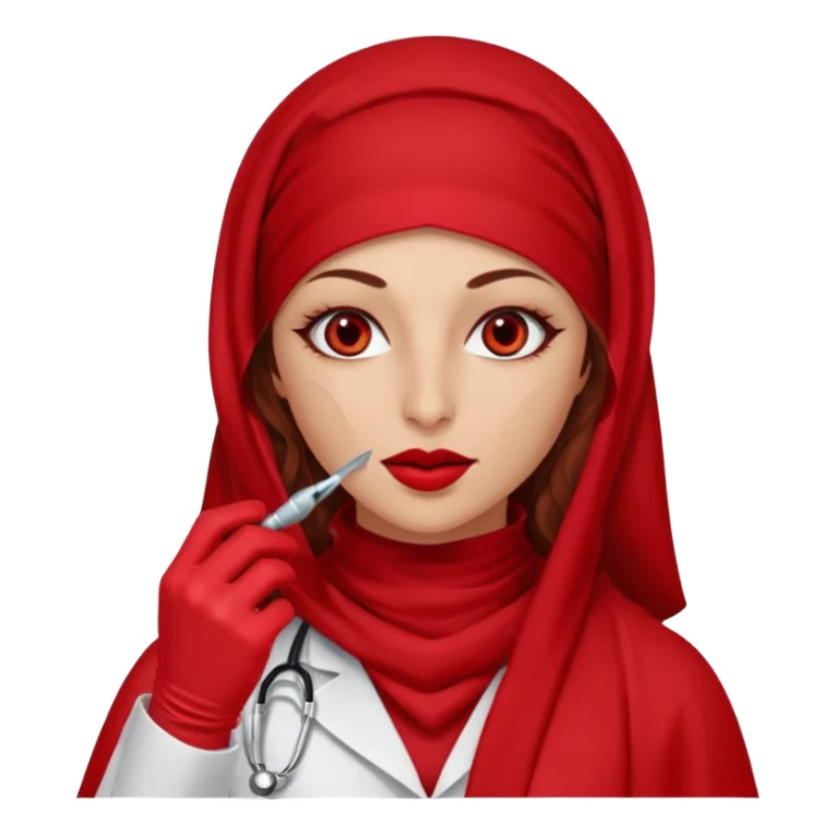 Lilith scalpel in hand, evil surgeon outfit.  She has red eyes. She has dark brown curly hair. Hair is long . Wears sexy doctor outfit with red gloves. Covers nose, neck and mouth with Muslim red burka sticker