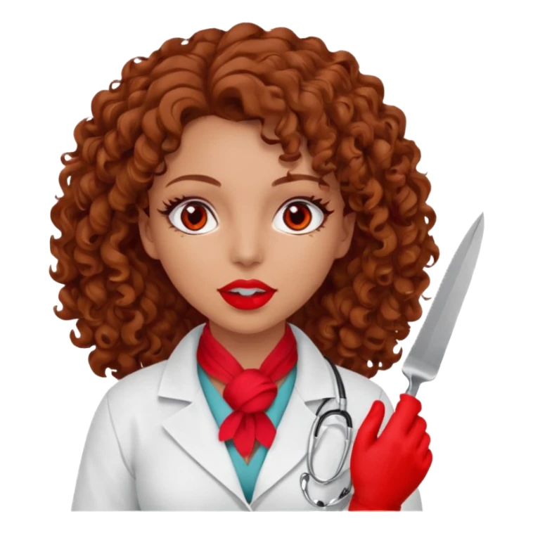 Lilith scalpel in hand, evil surgeon sexy surgeon clothes.  She has red eyes.  Hair is long. Hair is brown and curly hair. Wears sexy doctor outfit with red gloves. Sexy surgeon working for Cartel uses scarf to Covers mouth and neck mask  red sticker