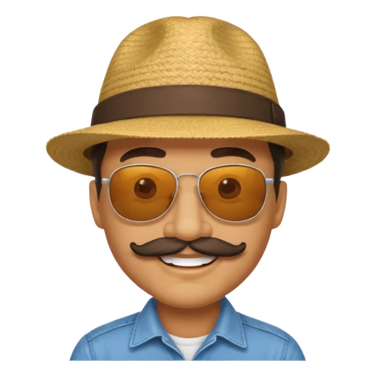 mustached man in sunglasses with HAT sticker