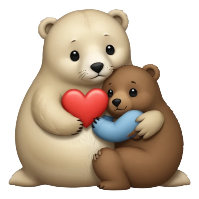 small white seal hugging a big brown bear with a heart in between them sticker