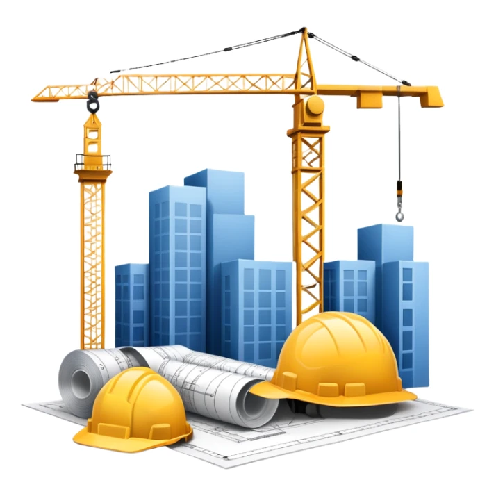 An icon featuring a blueprint, a hard hat, and a measuring tape, symbolizing architecture and construction. The design includes a building silhouette, cranes, and construction tools, representing the planning, design, and building processes. Transparent background. sticker