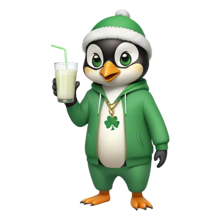 full body friendly anthropomorphised penguin wearing green mafia-style tracksuit, angry confident scheming stance, holding glass of milk, shamrock accessory sticker