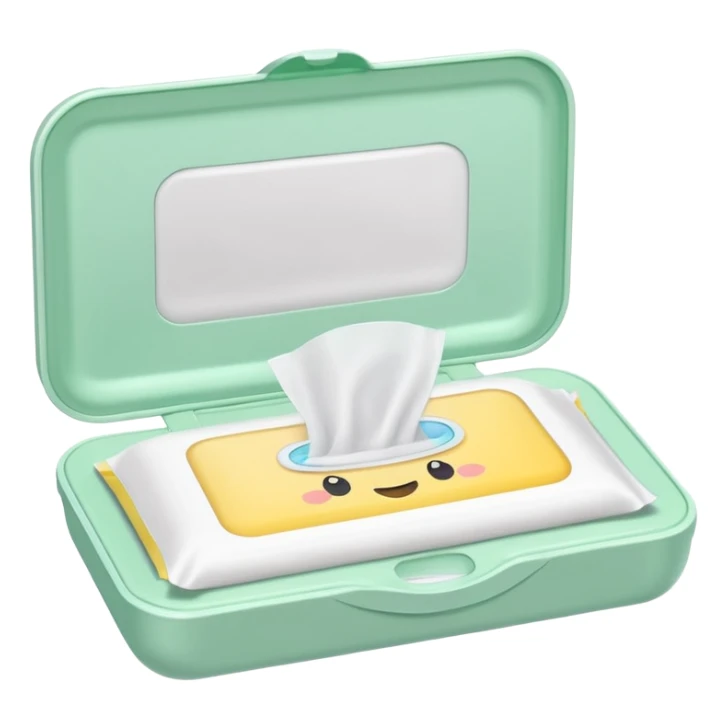 soft pastel green rectangular pack of baby wipes, slightly puffed, semi-open plastic lid, one white wipe pulled out, no branding or extra design, soft lighting, subtle shadows, emoji scale sticker
