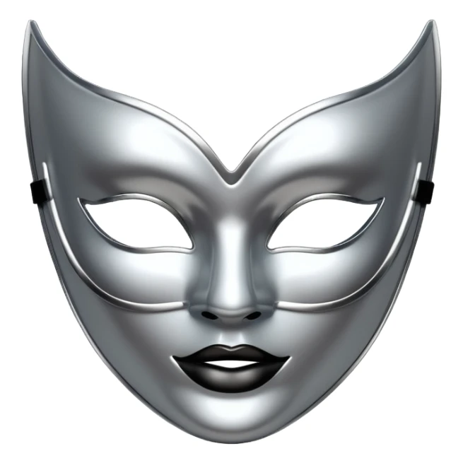 A sleek masquerade mask emoji made of polished silver chrome, smooth sensual curves, reflective metallic surface, mysterious sexy luxury vibe, minimal iOS emoji style, centered, clean white background sticker