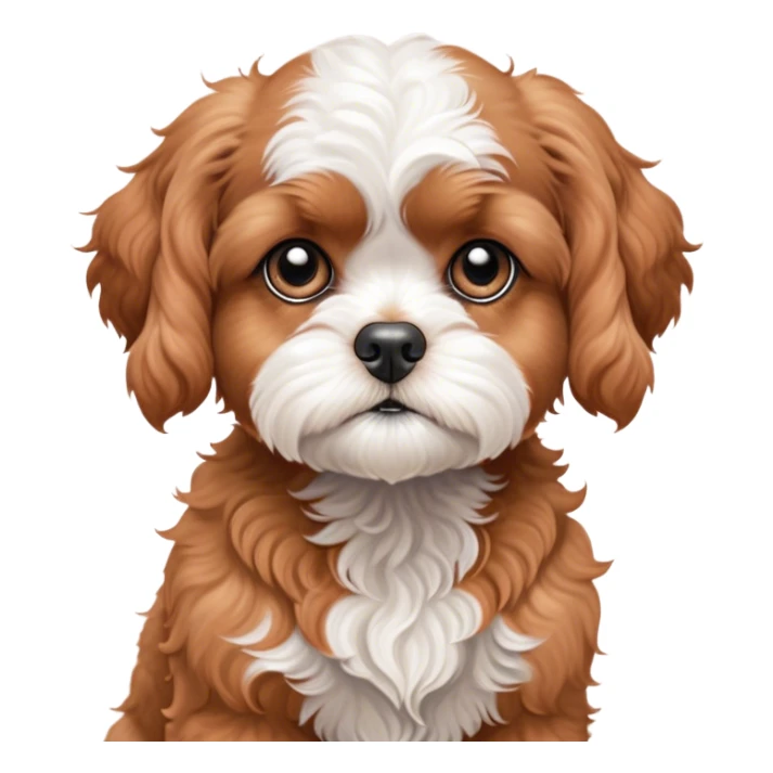 Cinematic Meme-Worthy Grumpy Apricot Cavoodle Portrait Emoji, Head held high but eyes filled with dramatic disappointment, smooth, curly apricot fur with striking white patches, deeply furrowed brow forming an unmistakable scowl, floppy ears slightly angled back in disapproval, piercing brown eyes glaring with pure exasperation, Simplified yet hilariously over-exaggerated features, highly detailed, glowing with an aura of supreme annoyance, high shine, exhausted yet judgmental, stylized with an almost regal pettiness, bright but brooding, soft glowing outline, capturing the essence of a companion that has seen it all and is thoroughly unimpressed, so meme-worthy it feels like it could instantly become the next viral sensation of grumpiness! sticker