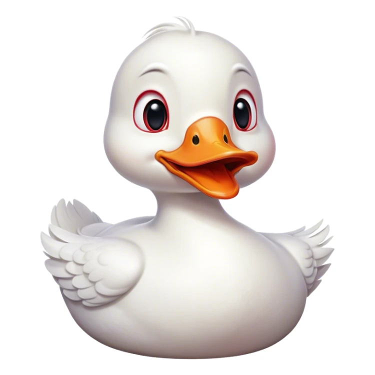 Cinematic Comical White Duck Portrait Emoji, Head tilted dramatically with an exaggeratedly amused expression, featuring a striking, glossy white plumage with a quirky red bill, wide, expressive eyes filled with playful disbelief, Simplified yet hilariously expressive features, highly detailed, glowing with a slightly sassy glow, high shine, dramatic yet playful, stylized with an air of cheeky mischief, bright and endearing, soft glowing outline, capturing the essence of a spirited and over-the-top duck, so meme-worthy it feels like it could quack its way into internet fame instantly! sticker