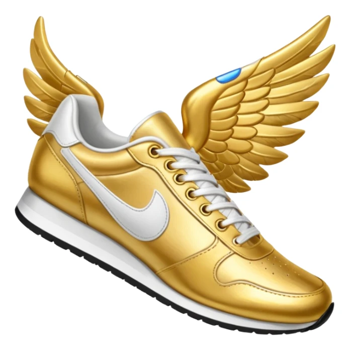 Gold low top track shoe with one white wing coming off back of shoe sticker