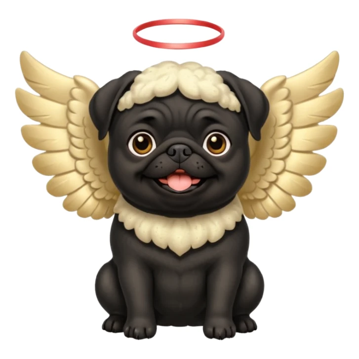 Black pug with big fluffy cream colored angel wings with gold dust on them sticker