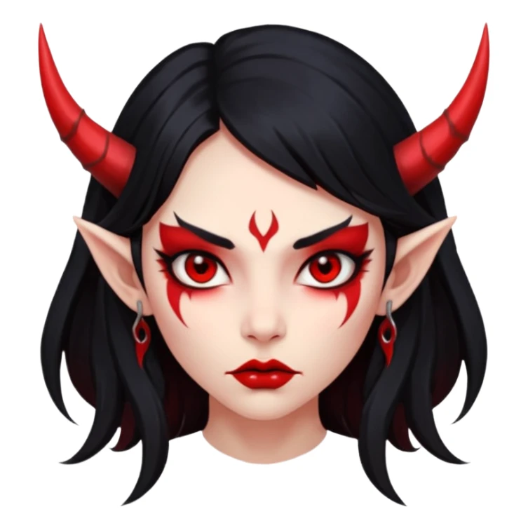 Head only: demon girl, 100% red skin, long black hair, small horns, sharp cheekbones, serious eyes, full lips, pointed ear; centered, no body, no text. sticker