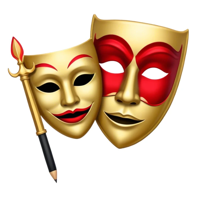 Create a bold and dramatic emoji representing the art of playwriting. The design should feature an open script or a theater playbook, with stylized text lines or dramatic dialogue inside. Include elements like a theatrical comedy and tragedy masks, a stage spotlight, or a writting quill to symbolize creativity and performance. Use deep, contrasting colors like red, black, and gold to evoke the intensity and passion of drama. The overall design should feel dramatic, inspiring, and artistic. Make the background transparent. sticker