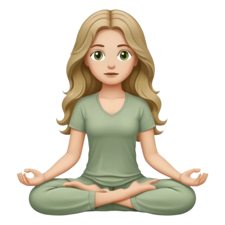 White girl, with long wavy dark blonde hair and hazel eyes, meditating wearing sage green sticker
