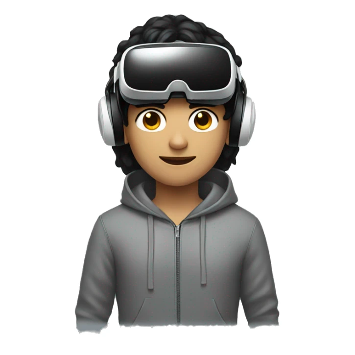 a guy with black hair, wearing a hoodie using a vr headset sticker