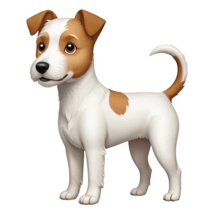a full body large white parson russell terrier looking dog the size of a kelpie with light brown ears and a light brown patch on one eye and a large snout sticker