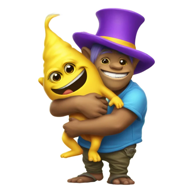 Flamboyant little troll with big part hugging a minion sticker