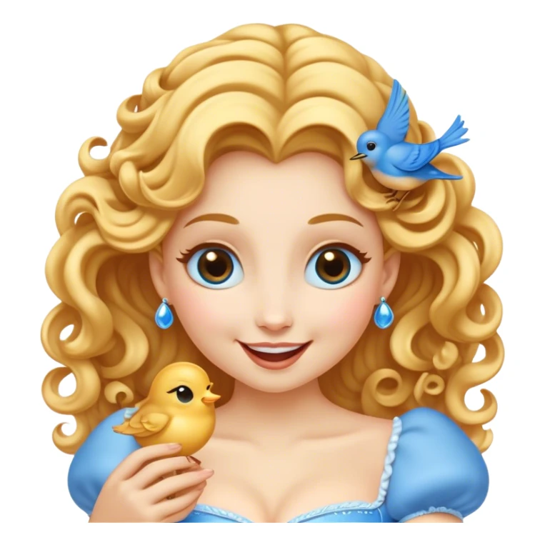 Cinematic Adorable Cinderella Portrait Emoji, Giggling softly while holding a tiny bluebird, golden curls bouncing, eyes sparkling with joy, wrapped in a soft golden glow, exuding warmth and charm, an irresistible blend of beauty and playfulness! sticker