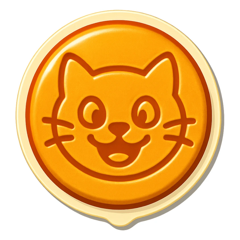 retro sticker style icon of a dalgona candy with a playful and bold cat face pressed in the center sticker