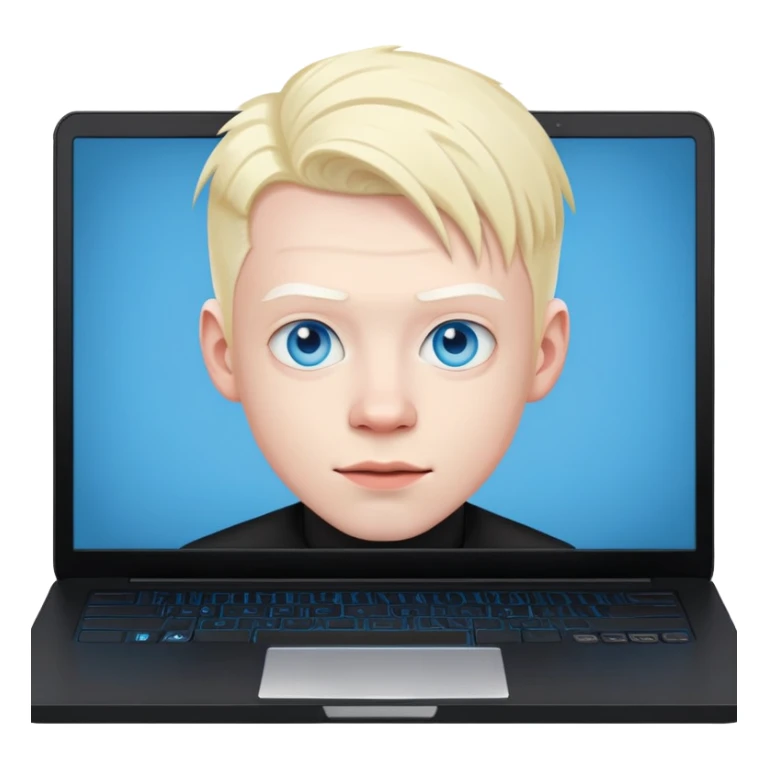 albino youtuber on black gaming laptop with desk with blue eyes sticker