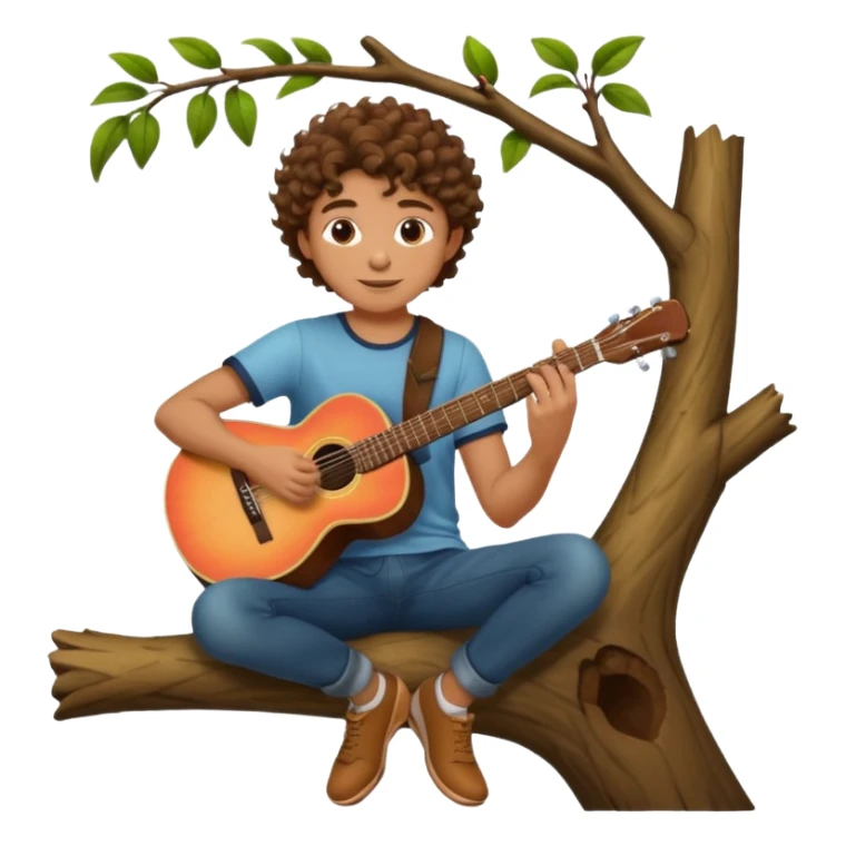 a young curly haired dude,sitting on a tree branch playing guitar holding a peach sticker
