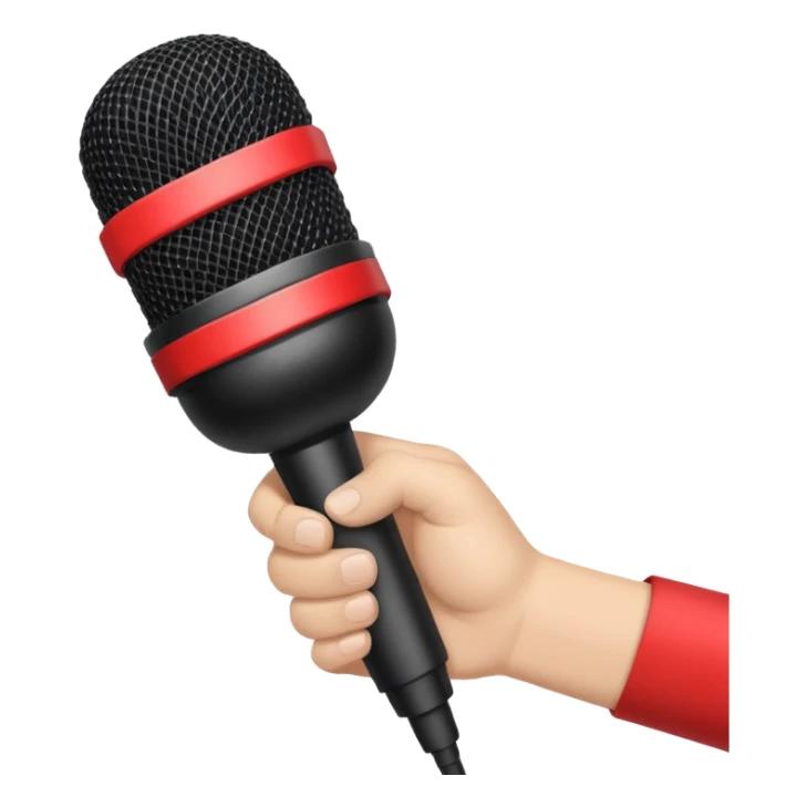 hand holding black stage microphone with red strip on bottom sticker