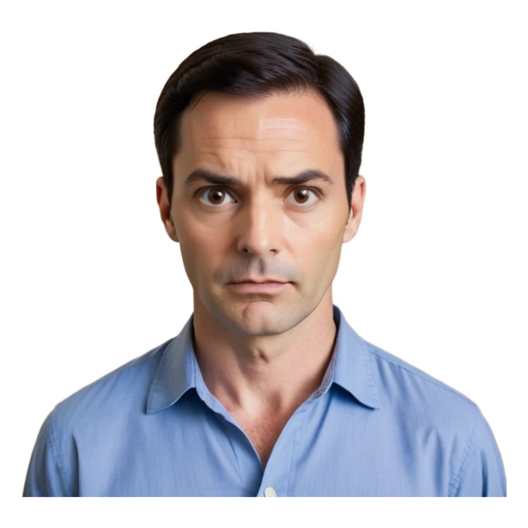 Man in his 40s with wide square face, marked jawline, full cheeks, looking incredulous with raised eyebrows, skeptical expression, medium dark brown eyes widened in disbelief, thick natural eyebrows, wide nose, mouth in a doubting smirk, short neat dark hair, wearing a blue button-up shirt sticker