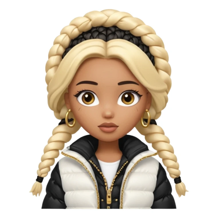 generate a pretty bratz girl with a WHITE puffer jacket, hoops, long braided hair black sticker