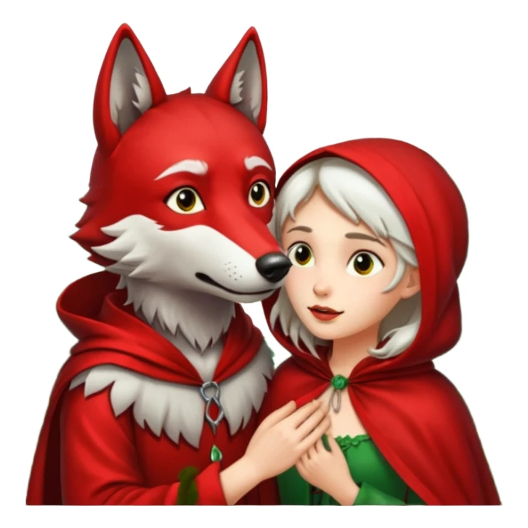 Caperucita roja acariciando la cabeza de un lobo macho en un bosque sticker