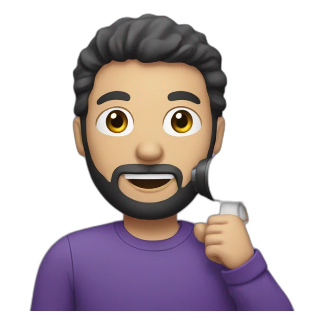 a white man with a black beard, with a purple tshirt, smiling, holding a megaphone next to his mouth sticker