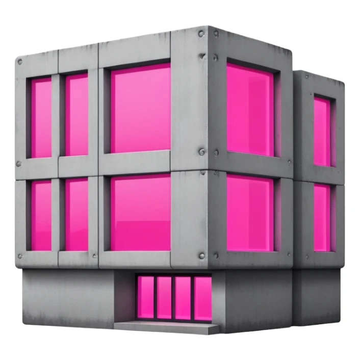brutalist gray concrete block building with one neon pink window sticker