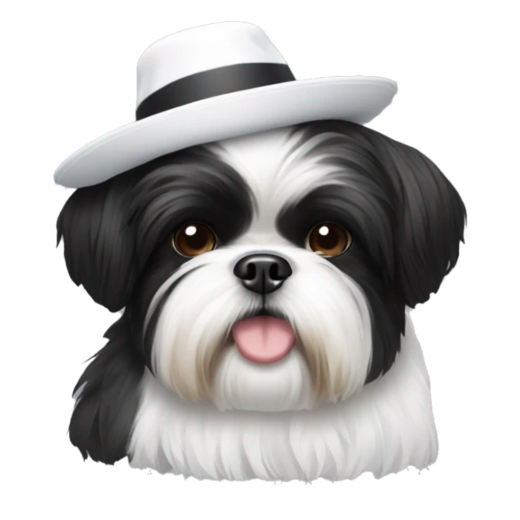 black and white Shih Tzu with a hat sticker