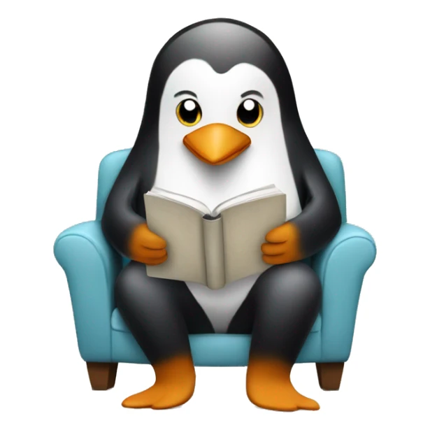 A penguin reading a book and drinking coffee while sitting on a cozy chair sticker