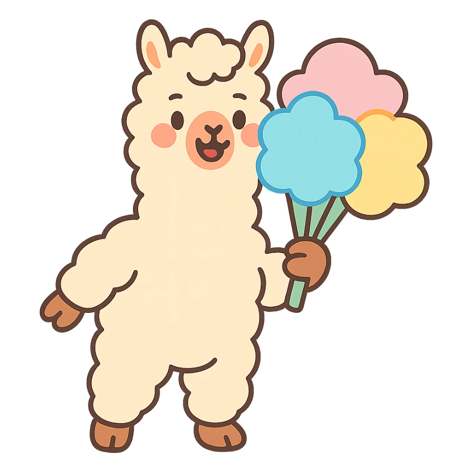 alpaca holding cotton candy bouquet in pastel-toon style sticker