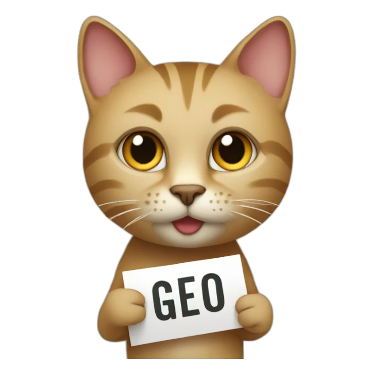 Cat holding a sign that have the word "geo" sticker