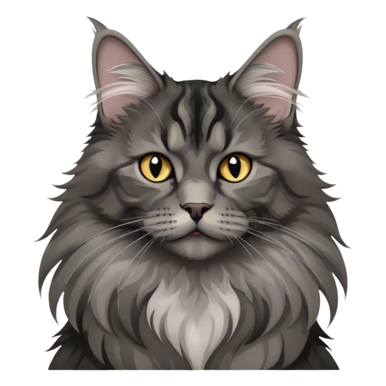 Hobby cats, Maine Coon, black smoke color pattern, fluffy fur, elegant pose, expressive eyes, grey collar, grey pronounced ear tufts, minimalistic, on a white background, no extra details. sticker