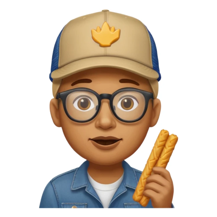 num num eatting hashbrown sticks with a trucking cap and glasses sticker