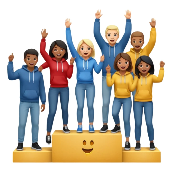 multi-racial people in jeans and hoodies on a winners’ podium, middle step higher, excited, fun, expressive emoji style sticker
