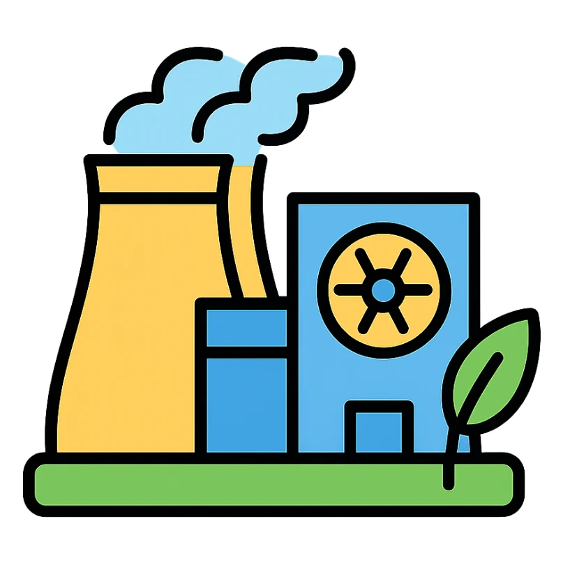 isometric icon of a modern nuclear power plant facility, green energy, simple shapes, minimalistic sticker