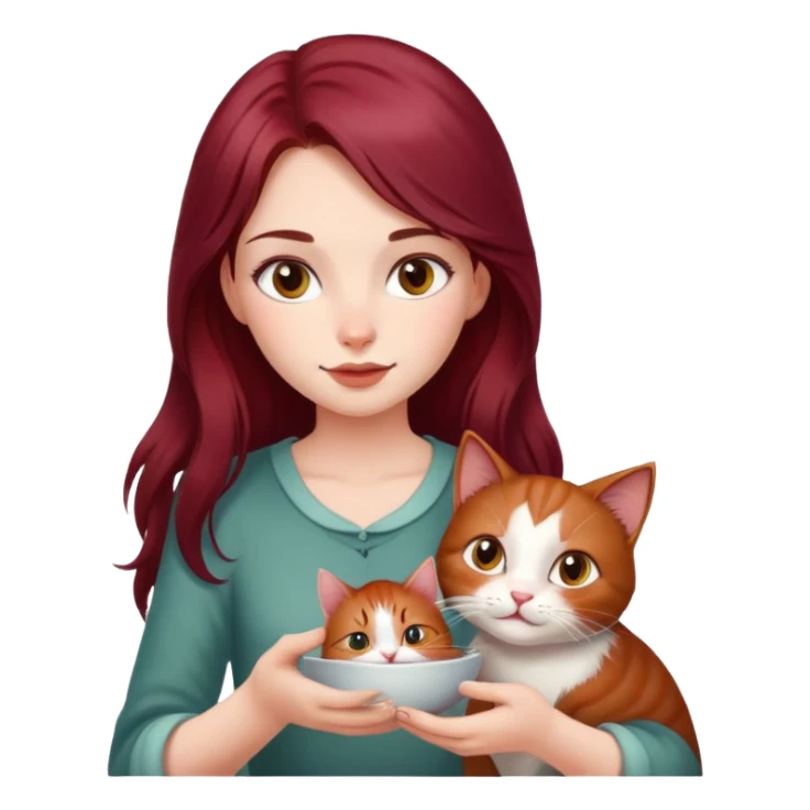 Beautiful, long, burgundy haired girl, feeding cat sticker