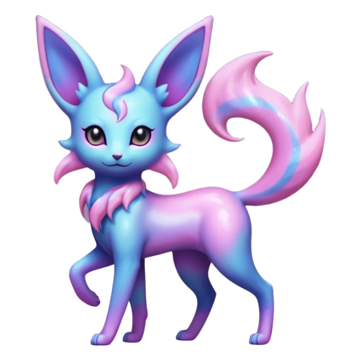 Shiny Iridescent Nebulae Espeon-Umbreon-Sylveon-Fakémon-hybrid-creature (full body)  with a galaxy-dust-flowing-gradient-tail sticker