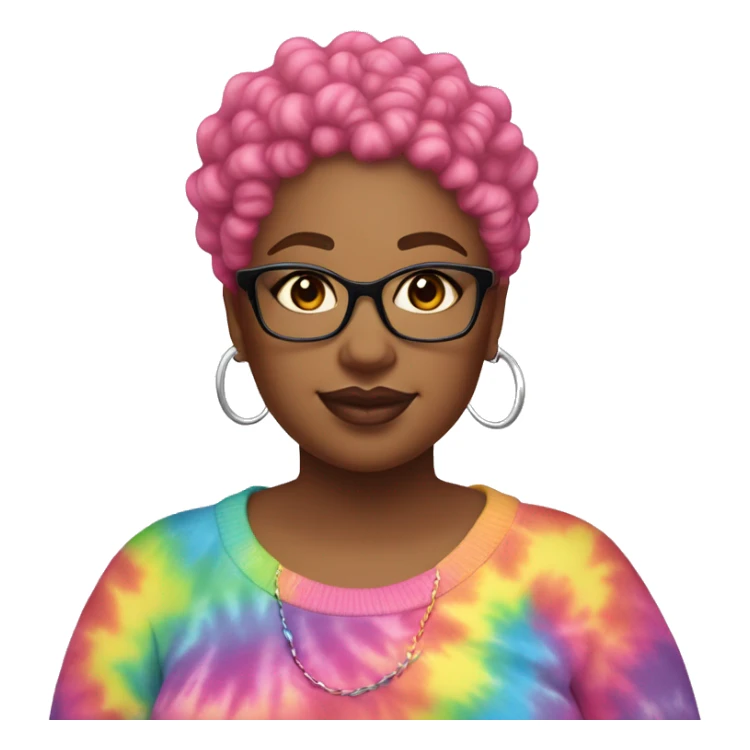 Plus size black woman with pink curly pixie cut hair and a rainbow tie dye sweater  sticker
