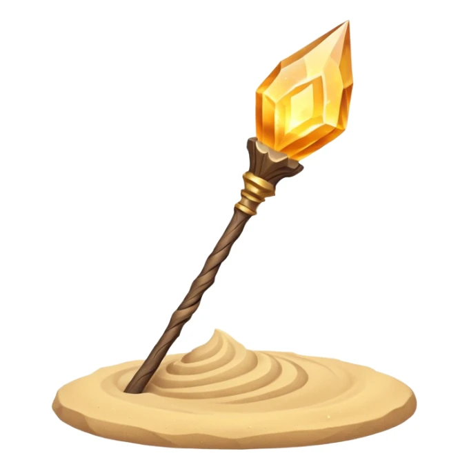 desert sand mage staff object icon, ancient wooden staff, swirling sand crystal on top, glowing golden aura, small floating sand particles, fantasy desert style, 3D cartoon, mobile game icon style, centered, clean background, soft shadow, no text, no watermark
 sticker