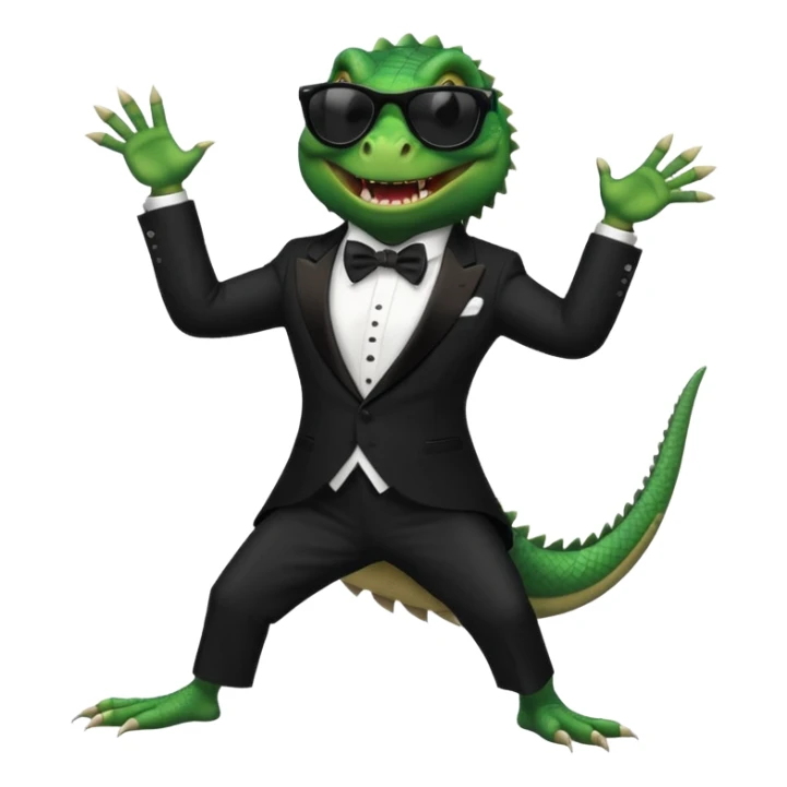 capitalist iguana banker in tuxedo and black sunglasses dancing crazy sticker