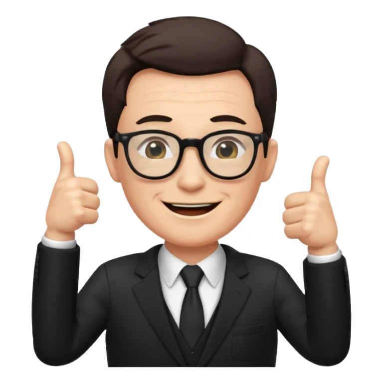 un PROFESOR con terno negro que este parado con sus lentes guiñando el ojo y CON LAS MANOS HACIA ARRIBA DANDO LIKE sticker
