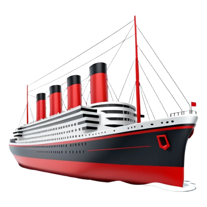 A 3D stylized Titanic ship in Apple emoji style, smooth and glossy surface, clean white and black colors with red accents, large expressive windows but no face, sailing on calm ocean with soft lighting, Pixar-quality render, minimal and elegant design, isolated on studio background.

 sticker