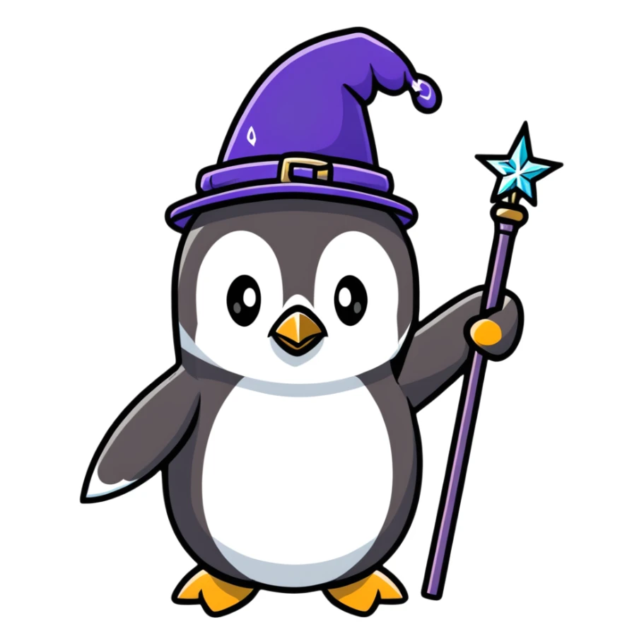 cute penguin wizard with magical sparkles, holding a magic staff sticker