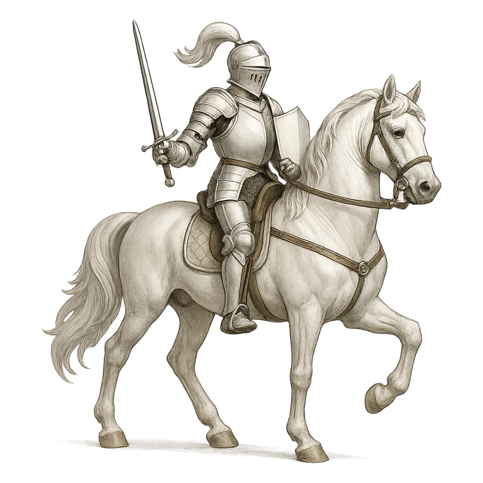 a white knight in shining armor riding a white horse, heroic, elegant, clean background sticker