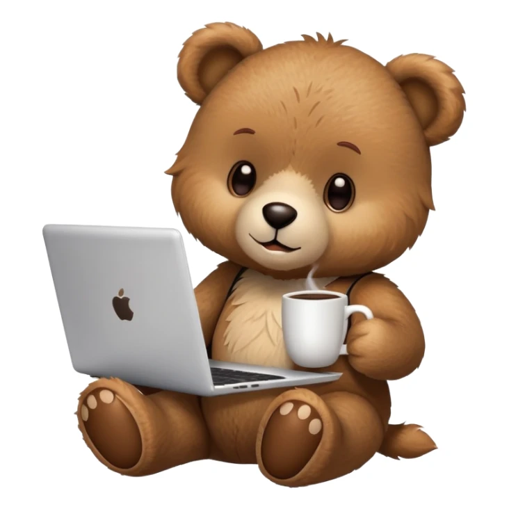A teddy bear holding a cup of coffee in one hand and using a laptop. sticker